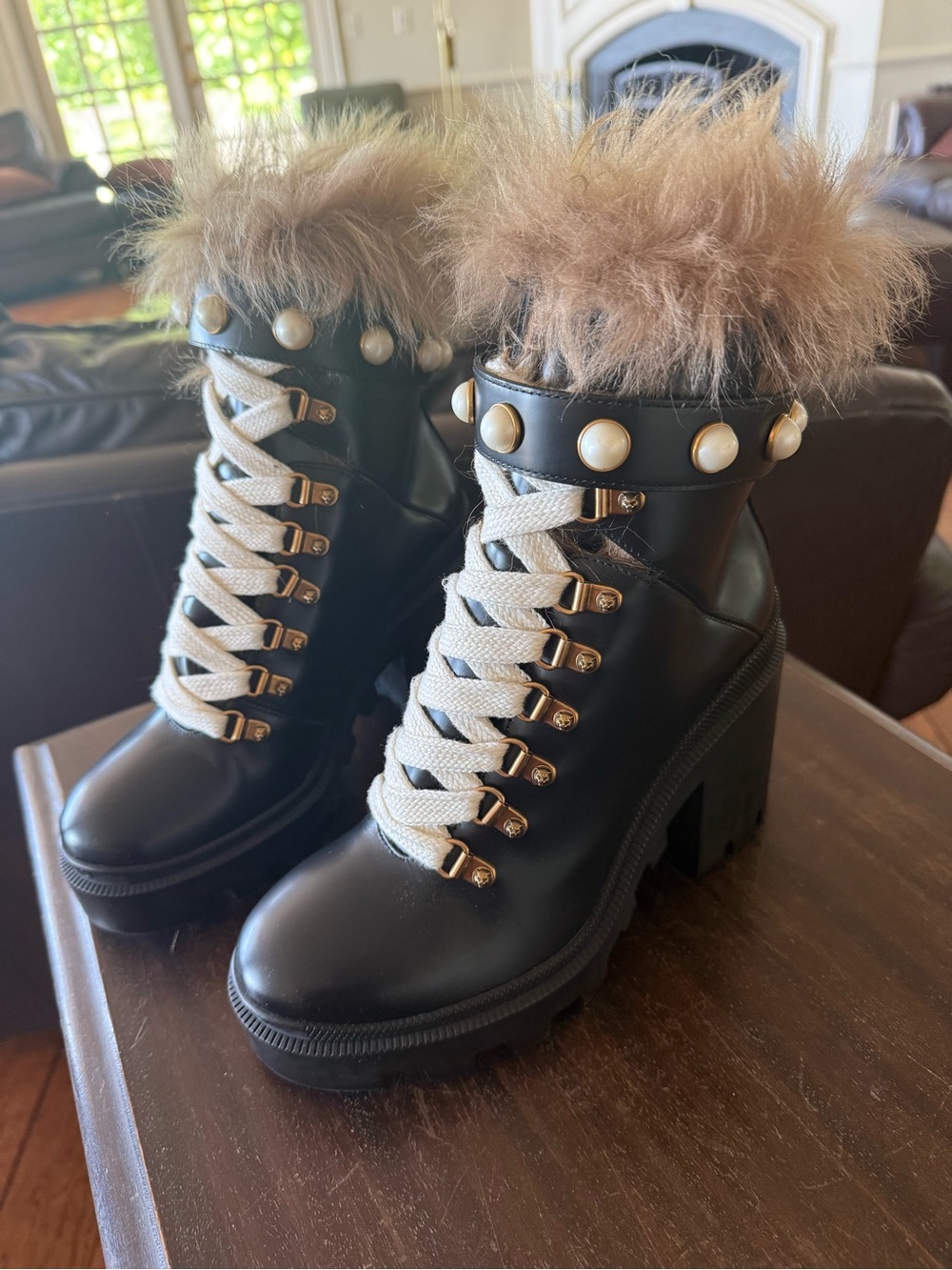Authentic Gucci Combat Boots with Faux Fur and Pearl Straps